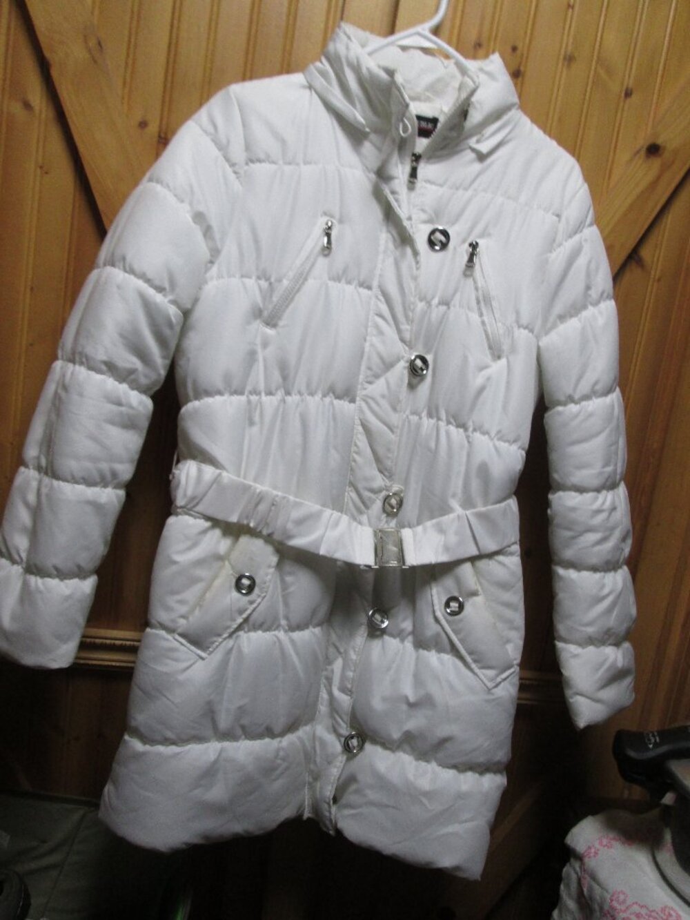 Urban republic white puffer long coat zip and toggle front trench belt large